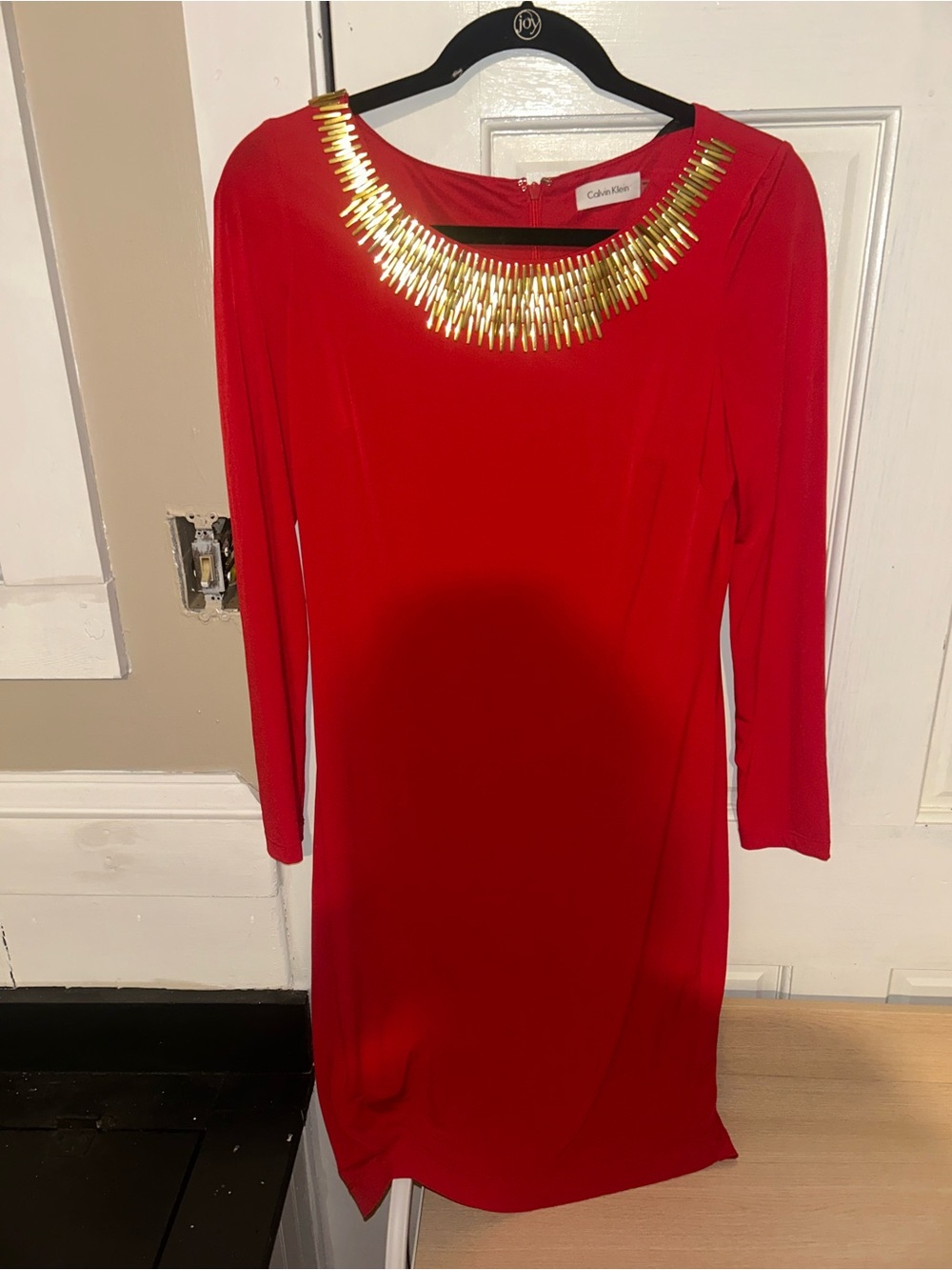 Calvin Klein Red Long-Sleeve Dress with Gold Neck Embellishment